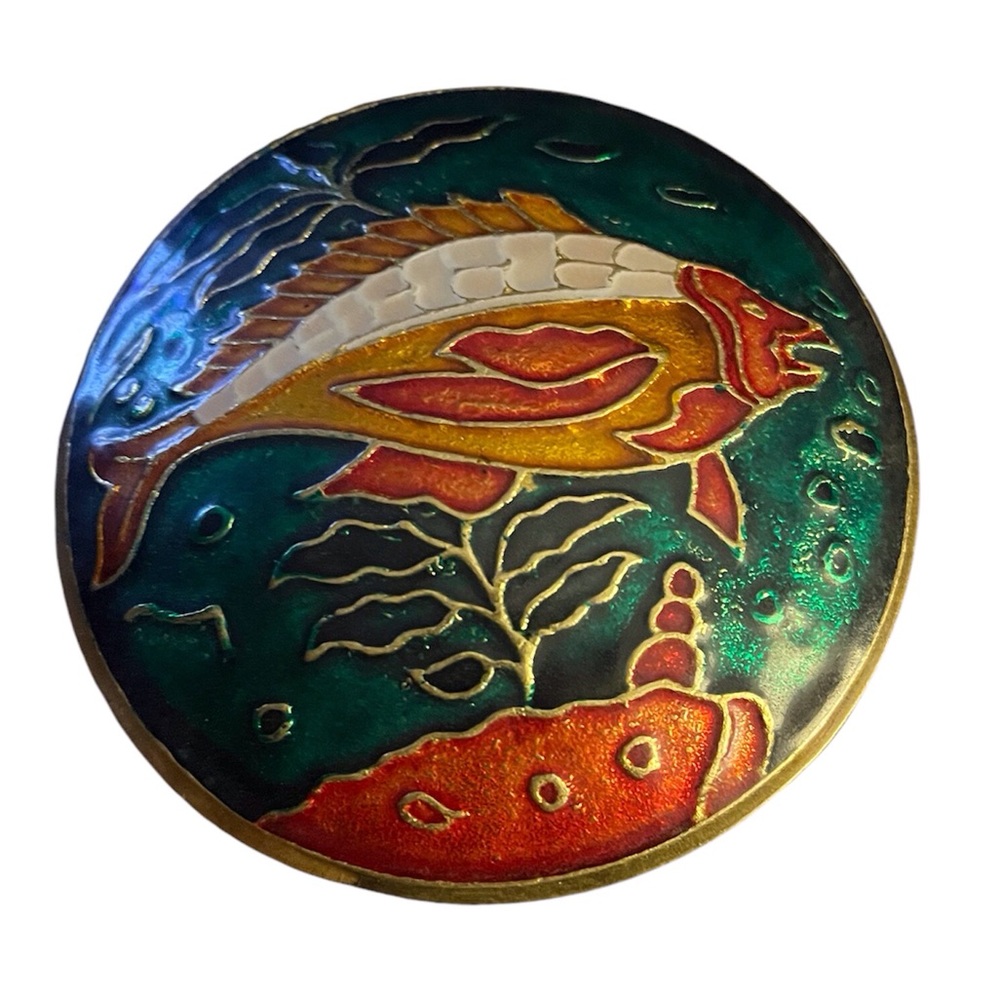 Vintage Cloisonné Trinket Jewelry Box Brass Fish by Interpur Made in Taiwan